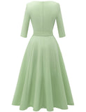 1 x RAW Customer Returns DRESSTELLS women s dress festive knee-length registry office cocktail dress long-sleeved festive party dress with belt retro pleated skirt knee-length midi-length LightGreen XS - RRP €46.38