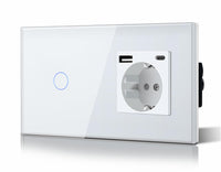 1 x RAW Customer Returns BSEED Schuko light switch with socket flush-mounted 1 compartment 1 way light switch 3 in 1 socket with 2.1 A USB charging power and Type C adapter charging station extension sockets glass 157mm white - RRP €23.89