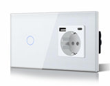 1 x RAW Customer Returns BSEED Schuko light switch with socket flush-mounted 1 compartment 1 way light switch 3 in 1 socket with 2.1 A USB charging power and Type C adapter charging station extension sockets glass 157mm white - RRP €23.89