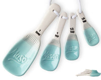 4 x Brand New Ceramic Mason Jar Measuring Spoons Aqua Blue, Decorative Tablespoons that Nest 4 Rustic Measuring Spoons for Farmhouse Kitchen D cor - 1 Tbsp, 1 Tsp, Tsp and Tsp with Vintage Ribbon - RRP €81.6