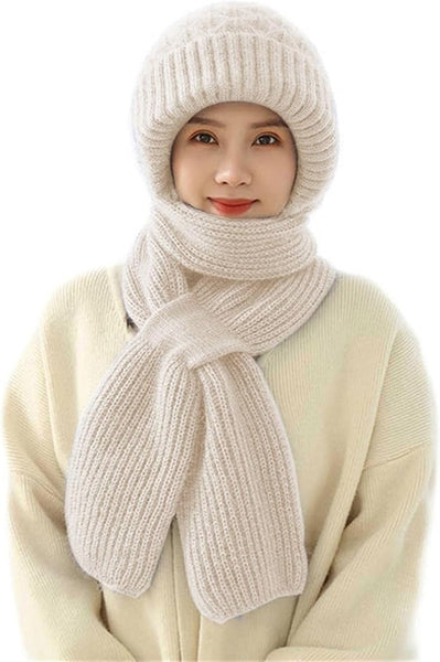 27 x RAW Customer Returns Baopinlady Thickened Integrated Ear Protection Windproof Hat Scarf, Warm 2 in 1 Mask Scarf Knitted Hat, Winter Hooded Scarf for Women White  - RRP €435.51