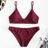 1 x RAW Customer Returns ZAFUL Padded Bikini Set, Push Up Swimsuit with Tropical Leaf Pattern High Waist Spaghetti Straps Swimwear Summer Plain - Wine Red, S  - RRP €36.99