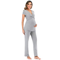 1 x RAW Customer Returns rismart Women s Maternity Nursing Pajamas Pyjama Set Cotton Pajamas Short Sleeve Top and Long Pants Summer Light Grey, M  - RRP €26.6