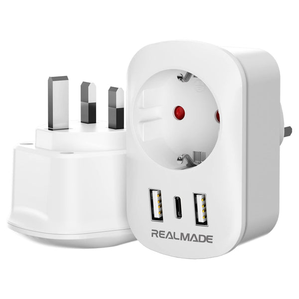 1 x RAW Customer Returns RealMade 2 Pack Travel Adapter UK Adapter to EU with 2 USB and 1 TYP-C, Adapter England Germany Plug, EU Germany to UK Adapter Type G Socket Adapter - RRP €18.14