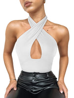 1 x RAW Customer Returns REORIA Women s Sexy Criss Cross Halterneck Sleeveless Party Club Night Going Out Thong Bodysuits Tops White S - RRP €15.35