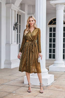 1 x RAW Customer Returns GRACE KARIN Women s Wrap Dress Elegant V Neck Sequin Dress Long Sleeve Midi Dress Bridesmaid Dress Gold L - RRP €43.61