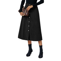 1 x RAW Customer Returns MAVIS LAVEN Women s Corduroy Skirt High Waist A-line Midi Skirts Visible Button Placket Vintage Long Skirt Elastic Waist Medium Length Corduroy Skirt with Pocket, Black, S - RRP €33.26