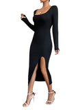 1 x RAW Customer Returns GORGLITTER figure-hugging dresses women s ribbed knit midi casual dress long-sleeved T-shirt dress with slit autumn dress with scoop neck black XS - RRP €31.25