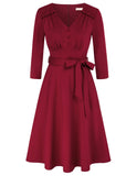 1 x Brand New Belle Poque Women s Vintage 3 4 Sleeve Knee-Length Summer Dress with Belt Cocktail Dress Wedding Wine Red XXL - RRP €46.27