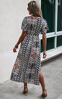 1 x RAW Customer Returns Toplop Summer Dresses Women Long Short Sleeve Boho Floral Dress Elegant Dresses Festive Maxi Dress Sexy Beach Dress Wedding Flowing Slit Wrap Dress V-Neck Cocktail Dress 16 Navy Blue XL - RRP €35.39