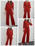 1 x RAW Customer Returns HAPPY SAILED Women s Long Sleeve O-Neck Elegant Long Jumpsuit Overall Trouser Suit Playsuit Romper Red, S - RRP €48.4