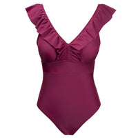 1 x RAW Customer Returns heekpek Women s Swimsuit V-Neck Bikini One-Piece Swimsuit Sexy Ruffles Figure-shaping Beachwear Printed Vintage High Waist Bikini Monokini Women, Red Wine, L - RRP €32.99