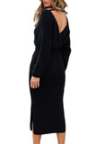 1 x RAW Customer Returns Viottiset Women s Elegant Knitted Dresses with V-Neck Batwing Sleeve Backless Slit Maxi Dress with Belt Black L - RRP €30.91