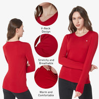 3 x Brand New SSLR Women Thermal T-Shirt Long Sleeve Tea Autumn Style V-Neck Fleece T-Shirt, Red, L - RRP €72.0