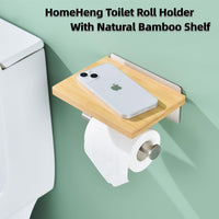 1 x RAW Customer Returns HomeHeng Toilet Paper Holder with Natural Bamboo Shelf Toilet Paper Holder Stainless Steel No Drilling Toilet Roll Holder Self-Adhesive or Wall Mounted Brushed Nickel H98903BN - RRP €23.99