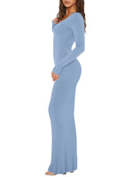 1 x RAW Customer Returns REORIA Women s Sexy Scoop Neck Long Sleeve Lounge Long Dress Ribbed Bodycon Maxi Dresses Blue L - RRP €38.12