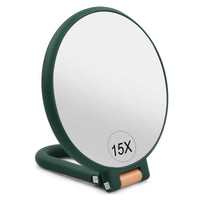 1 x RAW Customer Returns Wisebom magnifying mirror, hand mirror with handle, double-sided cosmetic mirror pocket mirror with 1X 15X magnification, foldable make-up mirror for travel mirror shaving mirror dark green  - RRP €9.82