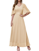 1 x RAW Customer Returns DRESSTELLS Women s Formal Dresses Wedding Guest Chiffon Cape Sleeves Bridesmaid Dresses Evening Dresses Champagne 3XL - RRP €64.52