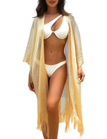 1 x Brand New Ferand Women s Summer Kimono Cardigan Open Front Fringe Beach Cover Up Long Kimono for Bikini Swimwear One Size Light Gold - RRP €19.15