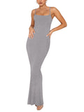 1 x RAW Customer Returns REORIA Sexy Lounge Maxi Dress Women Slip Elegant Sleeveless Ribbed Bodycon Maxi Dress for Wedding Guest Light Grey S - RRP €34.86