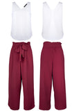 1 x RAW Customer Returns FANCYINN women 2 piece crop pants set with wide leg wide strap V-neck tank high waist cropped paper bag pants with belt white top and wine red pants L - RRP €34.42