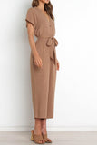 1 x Brand New Women s Casual Short Sleeve Button Up Elegant V-Neck Rompers with Wide Belt and Pockets, Khaki, L - RRP €27.99