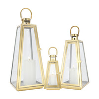 1 x RAW Customer Returns TRIROCKS Set of 3 Stainless Steel Candle Lanterns 54 40 27.5 cm H Metal Candle Holder for Outdoors Decorative Hanging Lantern with Tempered Glass for Home Living Room Parties Indoors Gold Triangle  - RRP €117.53