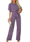 1 x RAW Customer Returns Dokotoo Women s Short Sleeve Long Jumpsuit Elegant Overall Jumpsuits O-Neck Playsuit Backless Sexy Pantsuit with Belt Purple XL - RRP €50.41