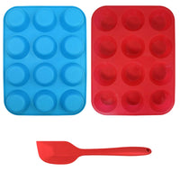 12 x Brand New Silicone muffin pan with spatula, Sourceton 3-pack muffin pan and spatula set, blue red - RRP €244.8