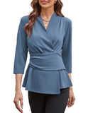 1 x Brand New GRACE KARIN Women s Elegant Tops 3 4 Sleeve V-Neck Top Plain Slim Fit Business Top Tunic Blouse with Decorative Belt Gray Blue 2XL - RRP €40.32