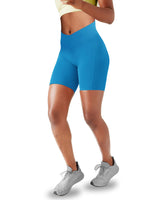 1 x Brand New Lulucheri Women s Cycling Shorts V Cross Waist Short Sports Pants Leggings with Pockets Sports Yoga Biker Shorts for Gym Training, Fitness, Everyday Life - 18cm XL, Poolside Blue  - RRP €27.6