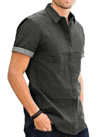 1 x Brand New Husmeu Men s Short Sleeve Denim Shirt with Pocket Casual Dark Gray M - RRP €19.99