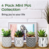 1 x RAW Customer Returns Lewondr Ceramic Succulent Pots, 4 Pieces 7 cm Cactus Plant Pots Mini Flower Pots Set with Bamboo Saucers, Decorations - Geometric Pattern Series 02, Black White - RRP €23.59