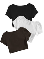 1 x RAW Customer Returns GORGLITTER Women s 3 Pack Crop T-Shirts Scoop Neck Crop Top Short Tops Basic Short Sleeve Shirts Black, White, Khaki M - RRP €35.99