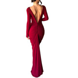 1 x RAW Customer Returns Loalirando Women s Long Dress Backless Dress Women Elegant Dress Long Sleeve Women s Ceremony Dress Party Dress Bodycon Deep V-Neck Evening Cocktail Dress Red, M  - RRP €39.45