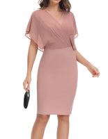 1 x RAW Customer Returns CURLBIUTY Women s Chiffon Pencil Dresses V-Neck Cape Sleeves Patchwork Cocktail Dress Elegant Midi Wedding Dress Light Pink XXL - RRP €22.55