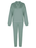 1 x Brand New REORIA women s long-sleeved tracksuit sweat suit V neck leisure suit jogging suit sports suit set green L - RRP €28.88