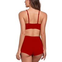 1 x RAW Customer Returns meioro Solid Swimsuit for Women Tie Front Bikini Shorts Two Piece Swimwear Sporty Bathing Suits High Waist Swimsuit - RRP €23.99