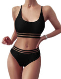 1 x RAW Customer Returns TOMEEK Women s Bikini Set with Mesh Two Piece Swimsuit Push up Padded High Cut Sports Swimwear High Waist Bikinis for Women Black, L  - RRP €31.99