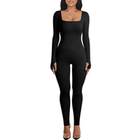 1 x RAW Customer Returns Menore Women s Yoga Jumpsuits Workout Ribbed Long Sleeve Soft Sports jumpsuits Square Neck Figure-Hugging One-Piece - RRP €29.23