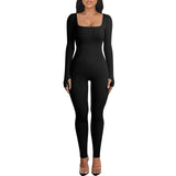 1 x RAW Customer Returns Menore Women s Yoga Jumpsuits Workout Ribbed Long Sleeve Soft Sports jumpsuits Square Neck Figure-Hugging One-Piece - RRP €17.14