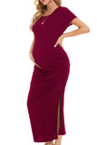 1 x RAW Customer Returns Smallshow Women s Long Split Maternity Dress Summer Short Sleeve Maternity Wear Wine M - RRP €34.99