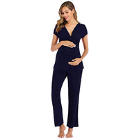 1 x RAW Customer Returns rismart Two Piece Maternity Pajamas Women s Nightgown Nursing Short Sleeves Tops and Pants Set Blue,M  - RRP €27.08