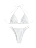 1 x RAW Customer Returns GORGLITTER Bikini Women Set Sexy Brazilian Bikini With Pearls Triangle Bikini High Waist Halter Bikini Two Piece Swimsuit Swimwear White M - RRP €31.25