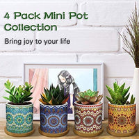 1 x RAW Customer Returns Lewondr Ceramic Succulent Pots, 4 Pieces 7 cm Cactus Plant Pots Mini Flower Pots Set with Bamboo Coasters Miniature Planter Container Decorations for Home Office Balcony - Mandala 01 Colorful - RRP €27.01