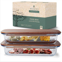 1 x RAW Customer Returns WEMOO cold cuts boxes set of 2 made of GLASS and ACACIA WOOD stackable Sausage container for the refrigerator solid wood no fragile bamboo Serving and cheese platter Sausage tin Cheese tin - RRP €38.27