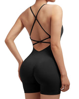 1 x RAW Customer Returns RXRXCOCO Spaghetti Strap Sleeveless Ribbed Push Up Scrunch Booty Jumpsuit Women Tight Backless Padded Overall Tummy Control Short Yoga Sport One Piece Romper Black M - RRP €19.15