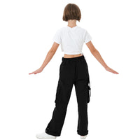 1 x RAW Customer Returns Rolanko Baggy Cargo Pants for Girls, Elastic Waist with Multiple Pockets Wide Leg Cargo Pants for Kids, Black, Size 160 11-12 Years - RRP €34.99