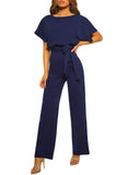 1 x RAW Customer Returns Dokotoo Women s Long Sleeve Jumpsuit Elegant Jumpsuit O-Neck Sexy Backless Pants with Belt Blue M - RRP €49.99