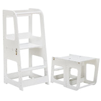 1 x RAW Customer Returns KYWAI - Montessori Wooden Learning Tower for Children - Foldable - Convertible into Children s Desk and Stool - Solid Wood Tower White  - RRP €97.6